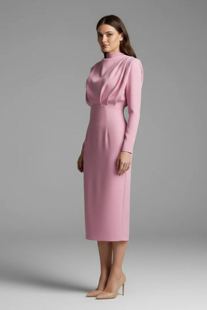 Women's maxi dress with long-sleeves, mock-neck and draped shoulders