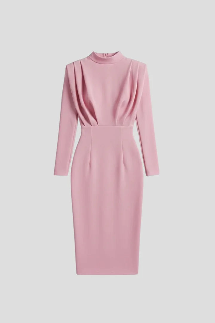 Women's maxi dress with long-sleeves, mock-neck and draped shoulders