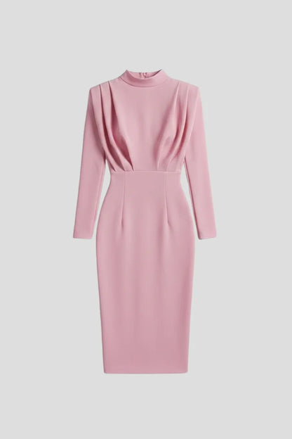 Women's maxi dress with long-sleeves, mock-neck and draped shoulders