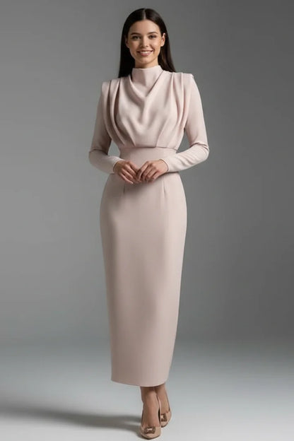 Women's maxi dress with long-sleeves, mock-neck and draped shoulders – Apricot