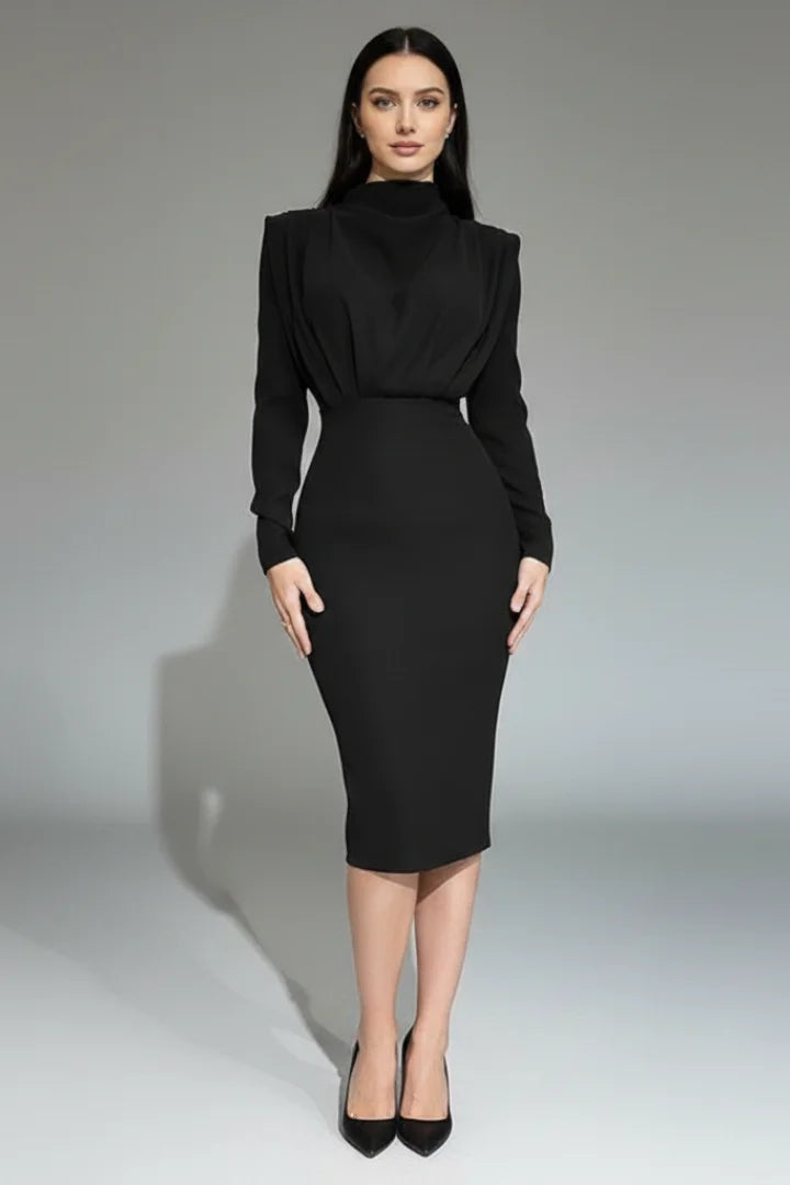 Women's maxi dress with long-sleeves, mock-neck and draped shoulders – Black