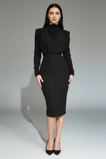 Women's maxi dress with long-sleeves, mock-neck and draped shoulders – Black