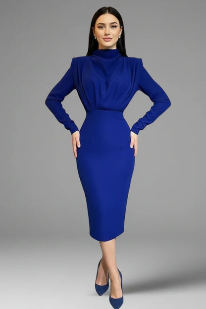 Women's maxi dress with long-sleeves, mock-neck and draped shoulders – Blue