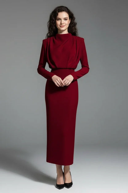 Women's maxi dress with long-sleeves, mock-neck and draped shoulders – Burgundy