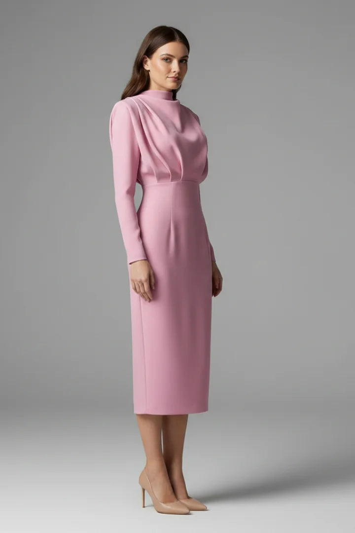 Women's maxi dress with long-sleeves, mock-neck and draped shoulders