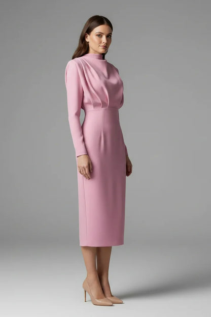 Women's maxi dress with long-sleeves, mock-neck and draped shoulders