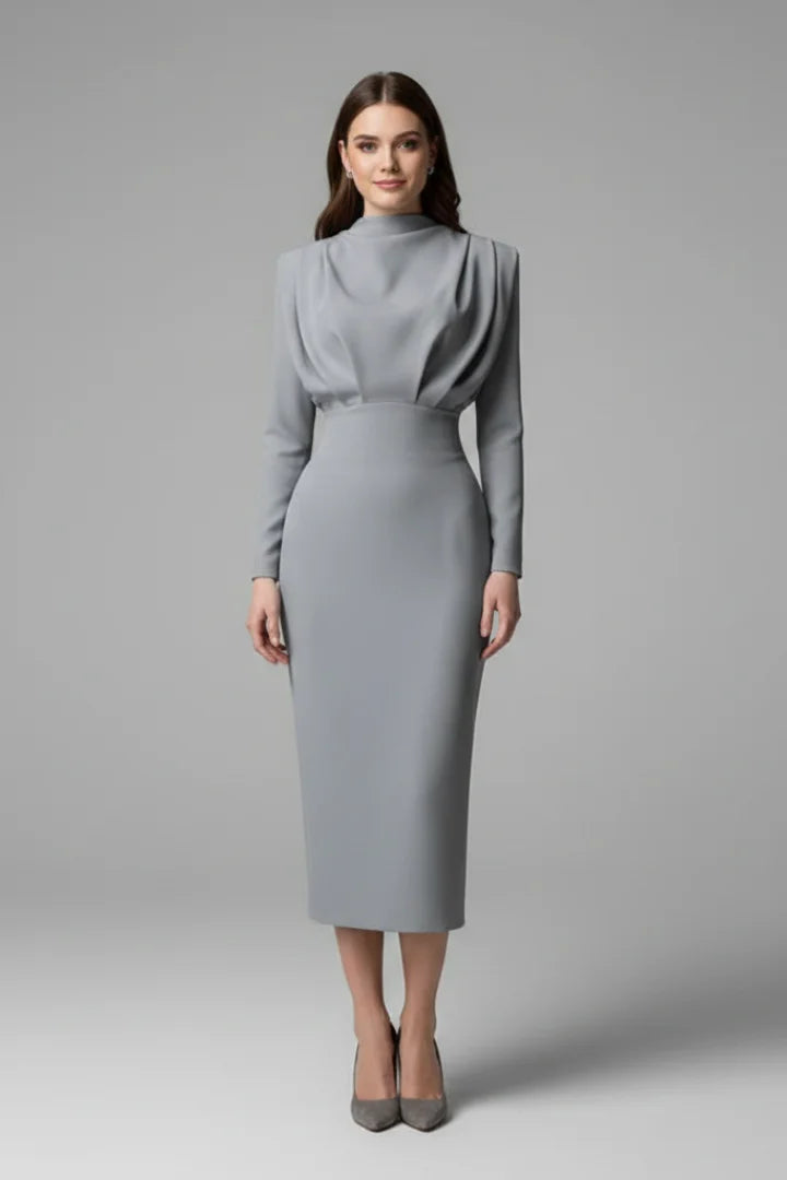 Women's maxi dress with long-sleeves, mock-neck and draped shoulders – Grey