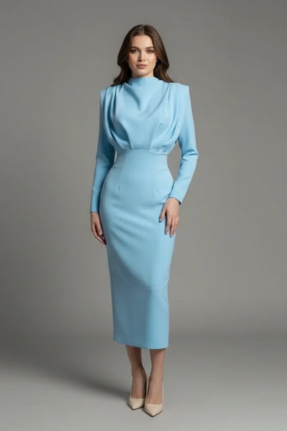 Women's maxi dress with long-sleeves, mock-neck and draped shoulders – Light Blue