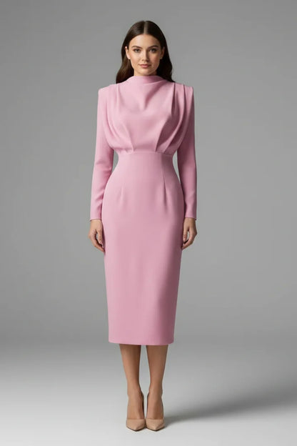 Women's maxi dress with long-sleeves, mock-neck and draped shoulders – Pink
