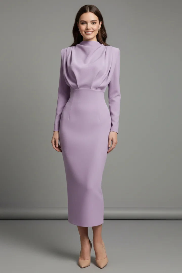 Women's maxi dress with long-sleeves, mock-neck and draped shoulders – Purple