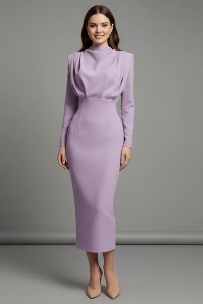 Women's maxi dress with long-sleeves, mock-neck and draped shoulders – Purple