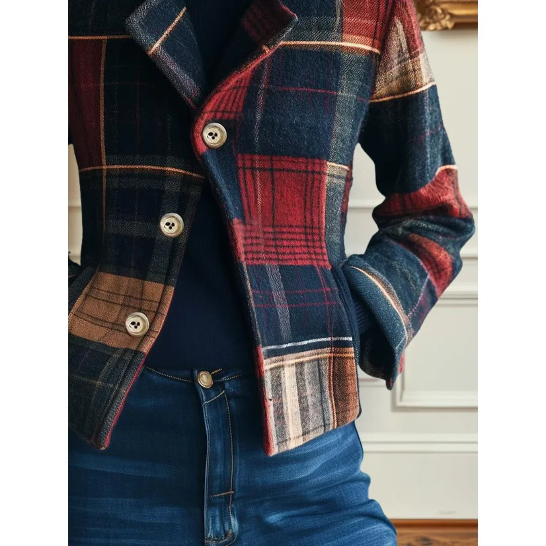 Women's plaid button-front blazer with notched lapel collar – Multicolored