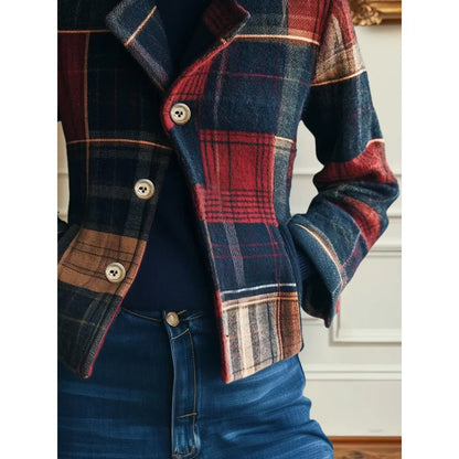 Women's plaid button-front blazer with notched lapel collar – Multicolored
