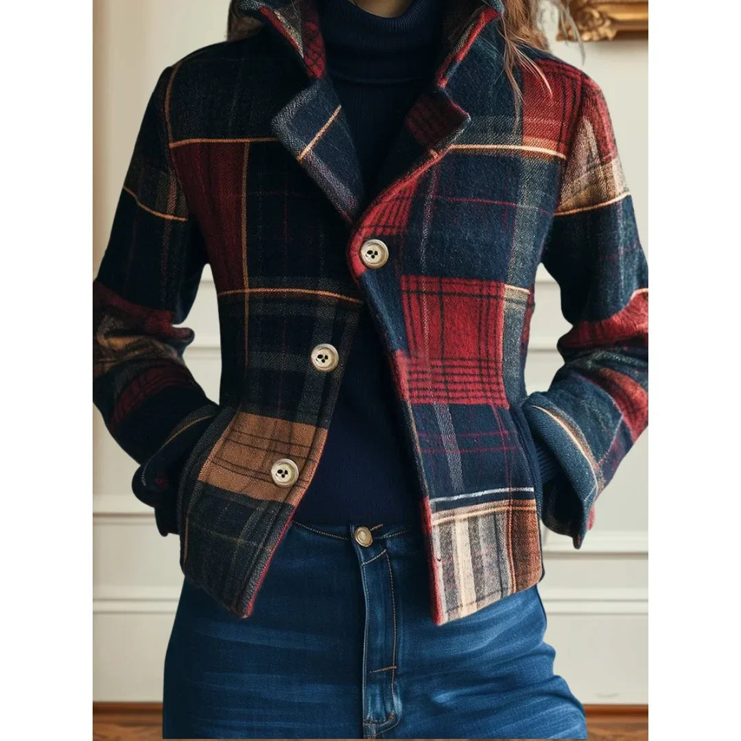 Women's plaid button-front blazer with notched lapel collar – Multicolored