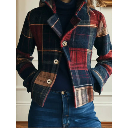 Women's plaid button-front blazer with notched lapel collar – Multicolored