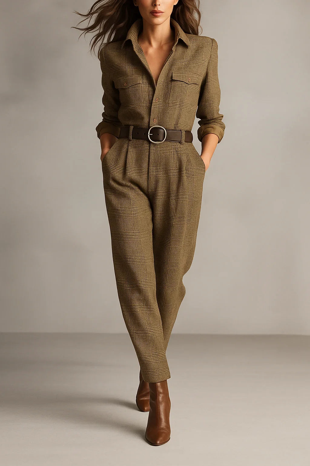 Women's plaid collared long-sleeved jumpsuit women with button-front and pleated trousers – Brown