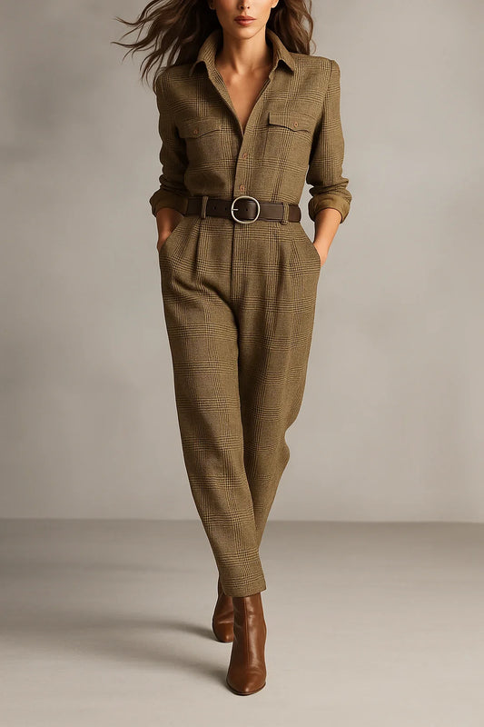 Women's plaid collared long-sleeved jumpsuit women with button-front and pleated trousers – Brown