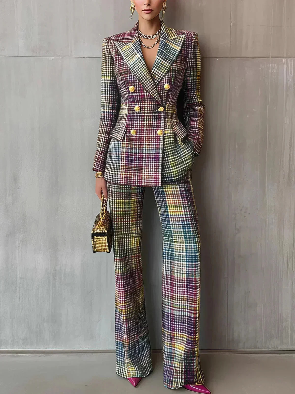 Women's plaid double-breasted denim jacket blazer suit with wide-leg trousers – Multicolor