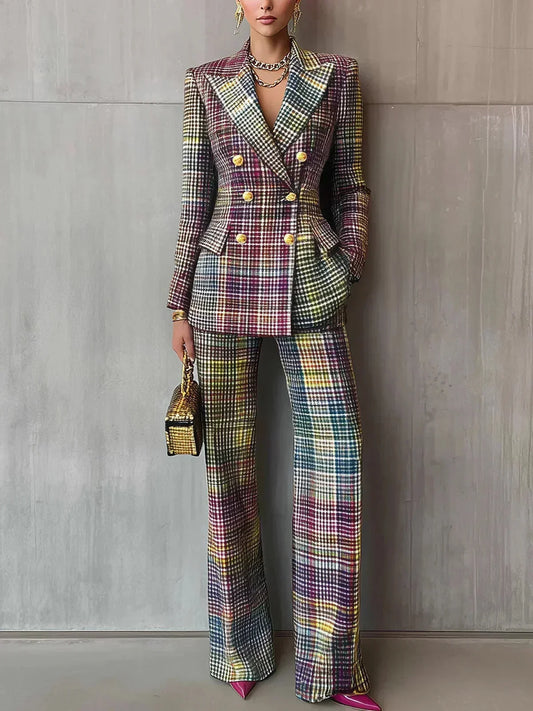 Women's plaid double-breasted denim jacket blazer suit with wide-leg trousers – Multicolor