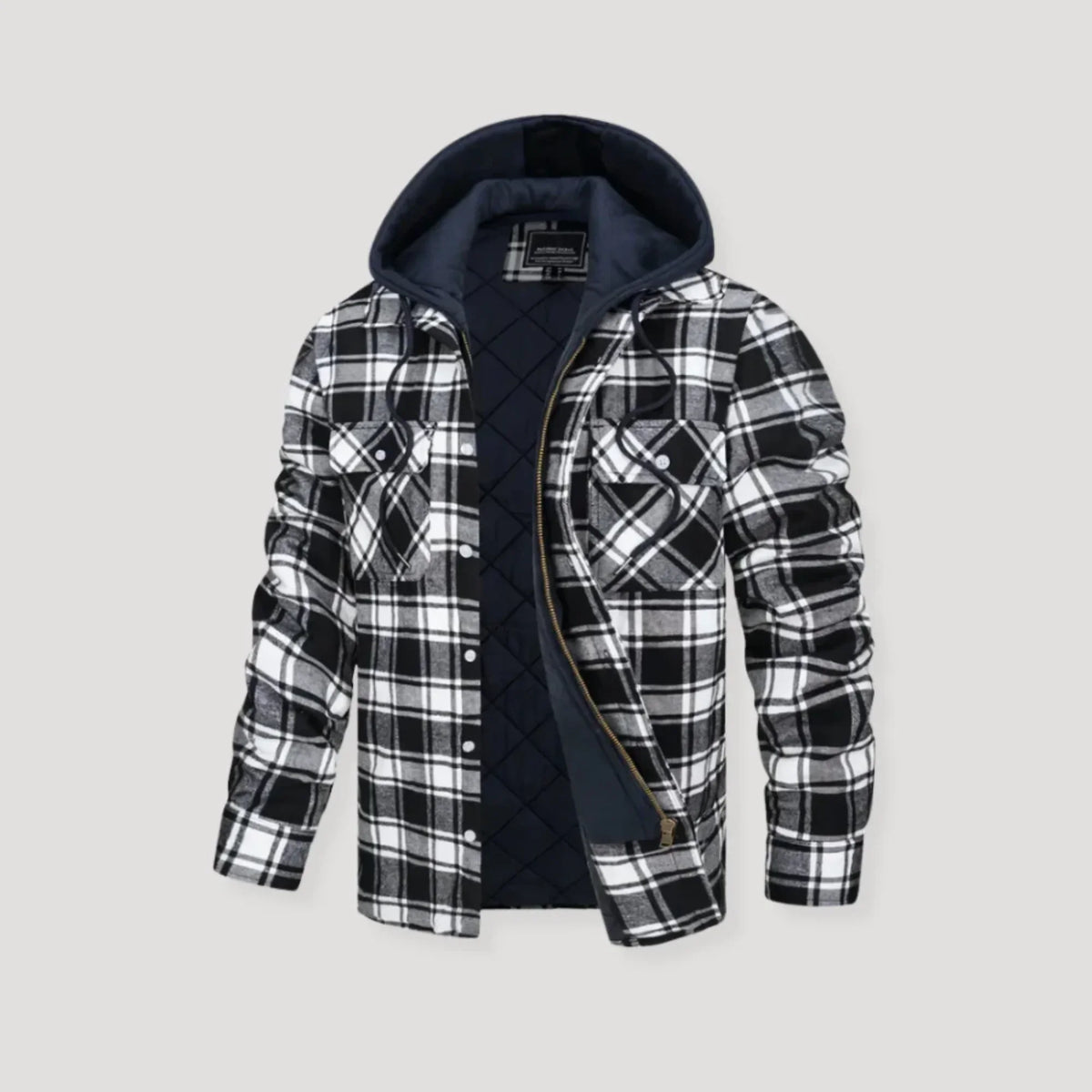 Women's plaid flannel hooded quilted jacket with quilted lining – Black