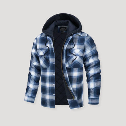 Women's plaid flannel hooded quilted jacket with quilted lining – Blue