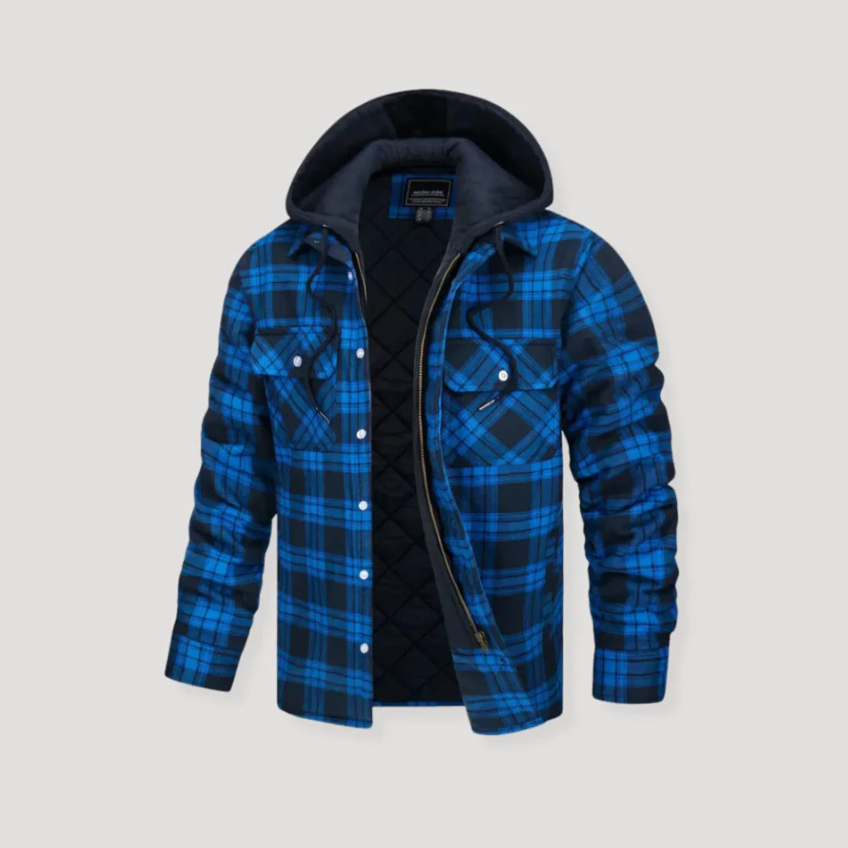 Women's plaid flannel hooded quilted jacket with quilted lining – Bright Blue
