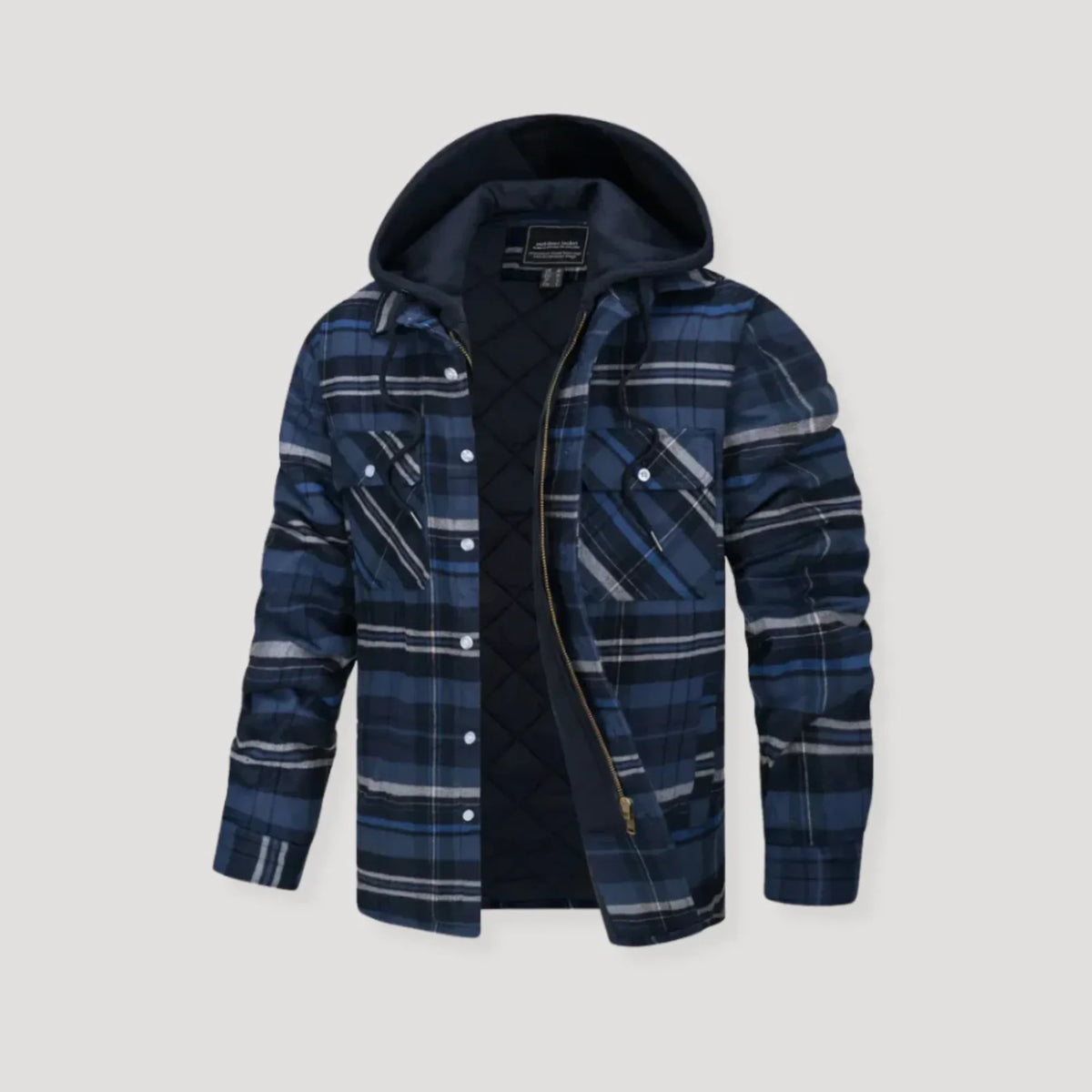 Women's plaid flannel hooded quilted jacket with quilted lining – Marineblue