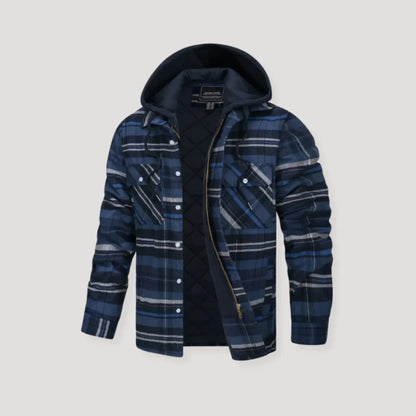 Women's plaid flannel hooded quilted jacket with quilted lining – Marineblue