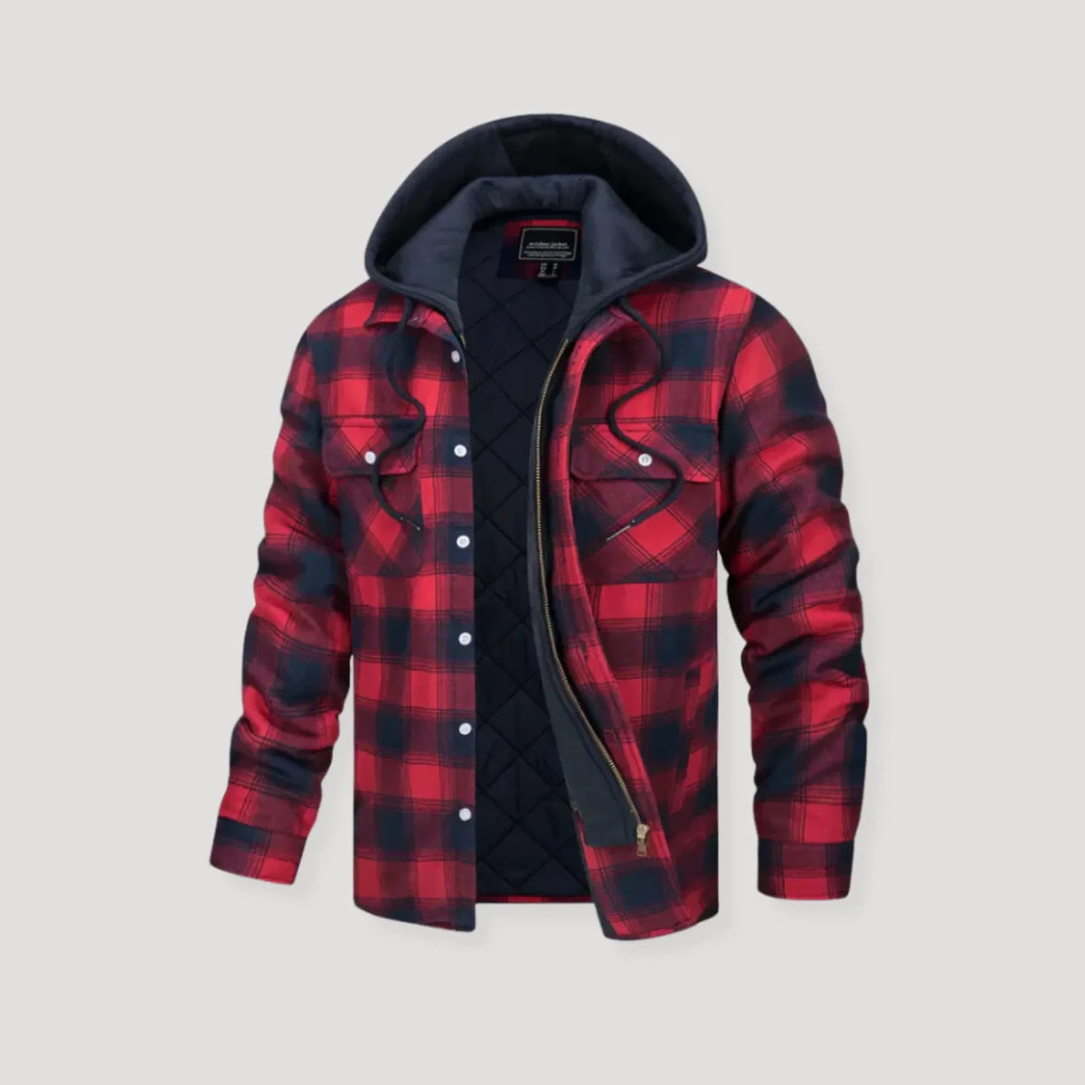 Women's plaid flannel hooded quilted jacket with quilted lining – Red