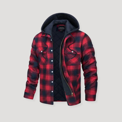 Women's plaid flannel hooded quilted jacket with quilted lining – Red