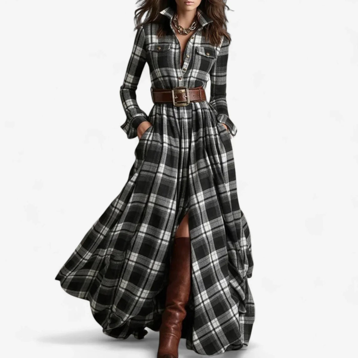 Women's plaid flannel long-sleeve shirt maxi dress with belted button-front – Black