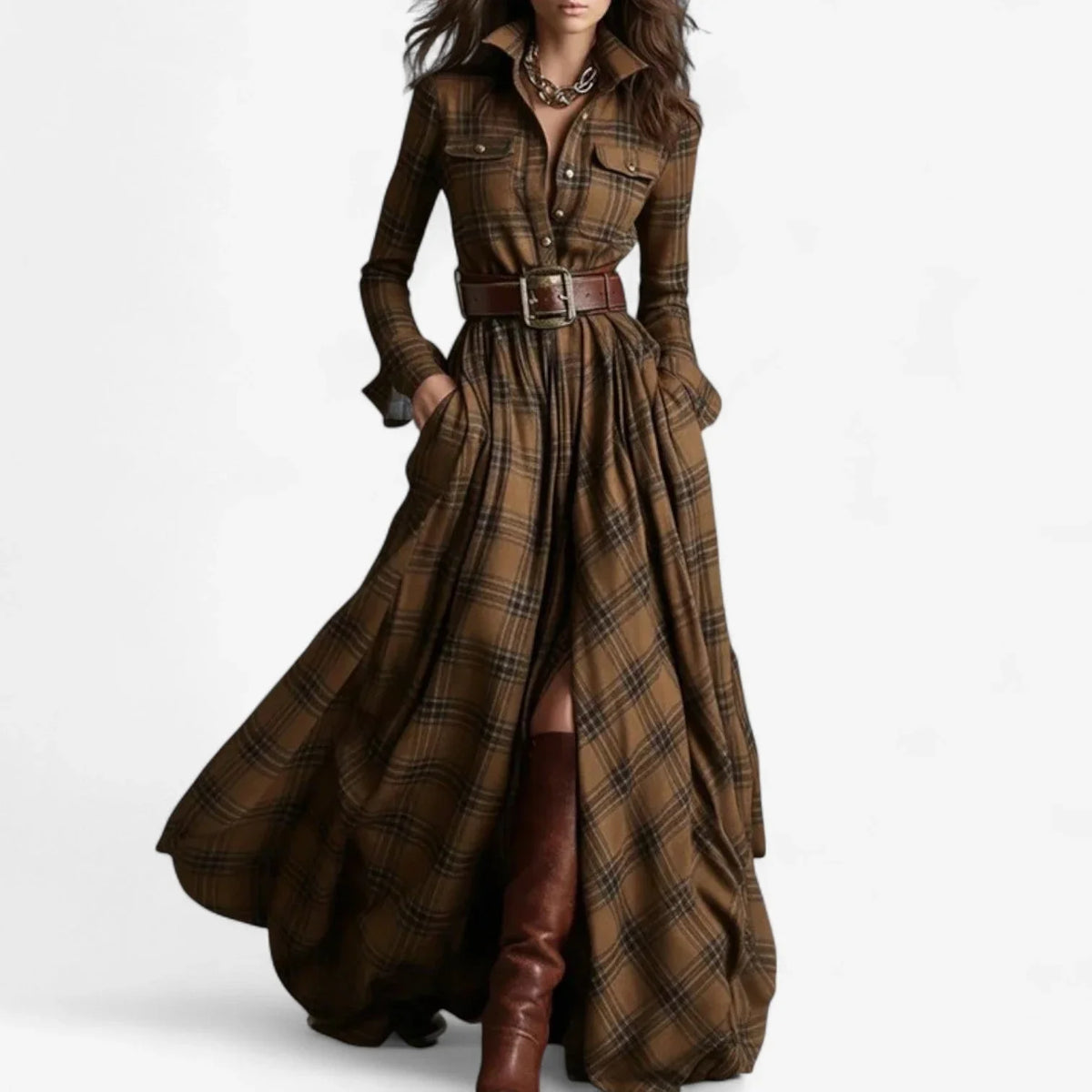 Women's plaid flannel long-sleeve shirt maxi dress with belted button-front – Brown