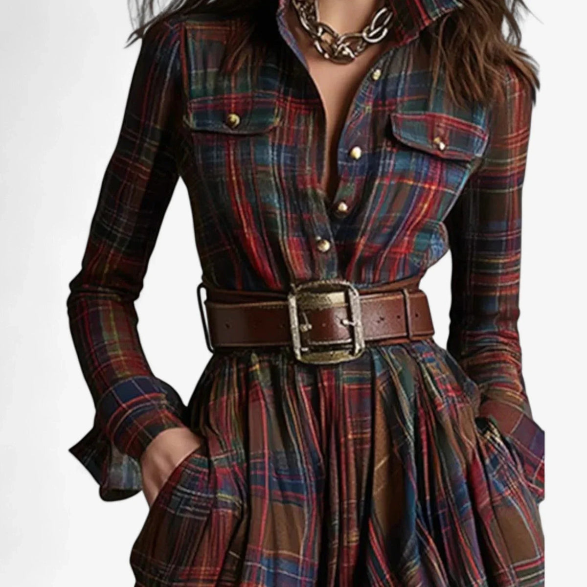 Women's plaid flannel long-sleeve shirt maxi dress with belted button-front