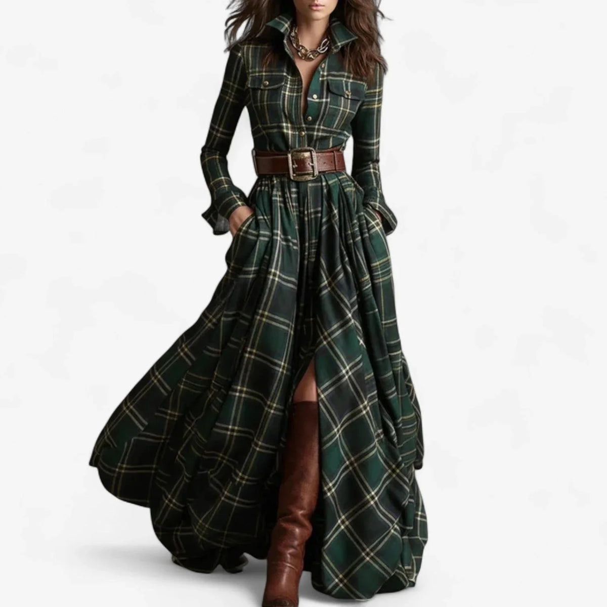 Women's plaid flannel long-sleeve shirt maxi dress with belted button-front – Green