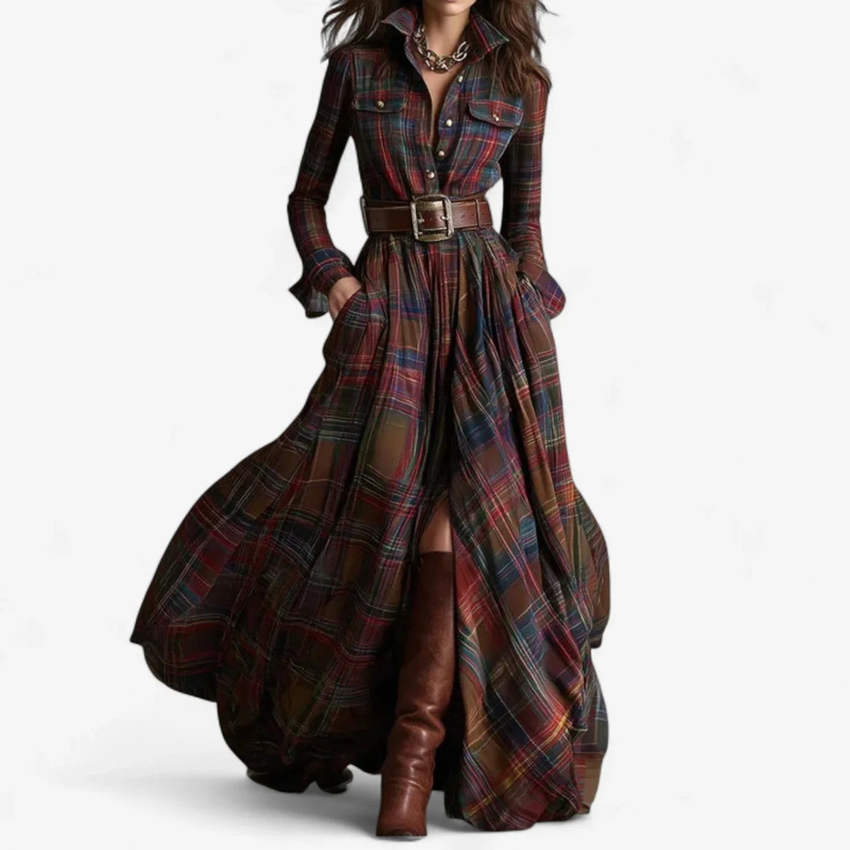 Women's plaid flannel long-sleeve shirt maxi dress with belted button-front – Red