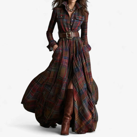 Women's plaid flannel long-sleeve shirt maxi dress with belted button-front – Red