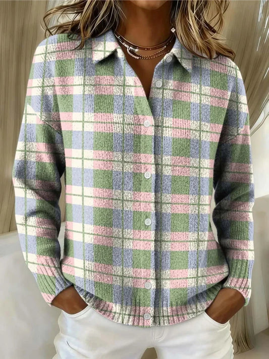 Women's plaid knit collared blouse with button-front long-sleeve – Multicolor