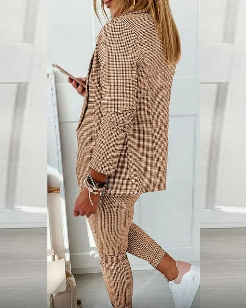 Women's plaid long-sleeve blazer suit with slim-fit drawstring pants