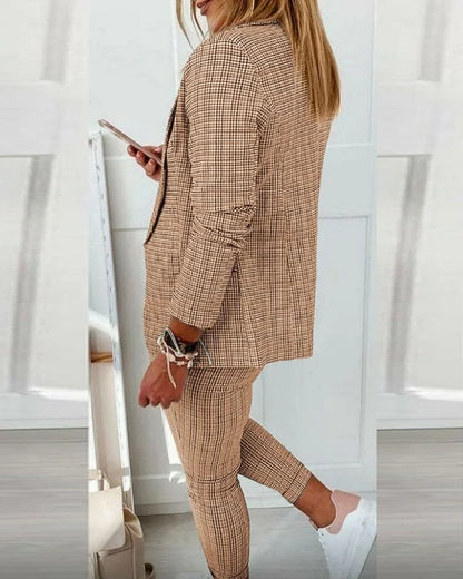 Women's plaid long-sleeve blazer suit with slim-fit drawstring pants