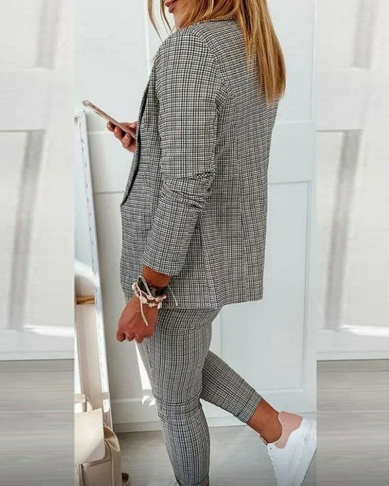 Women's plaid long-sleeve blazer suit with slim-fit drawstring pants