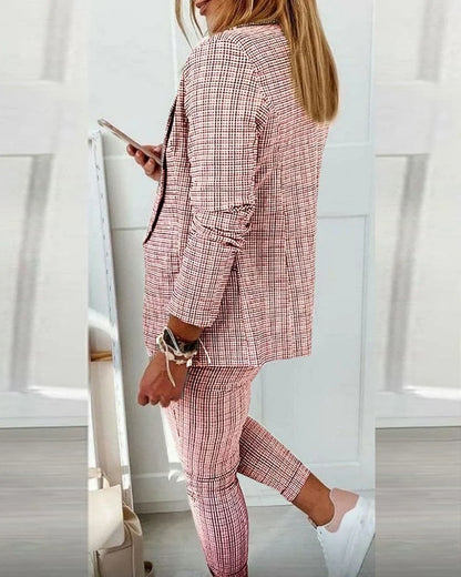 Women's plaid long-sleeve blazer suit with slim-fit drawstring pants