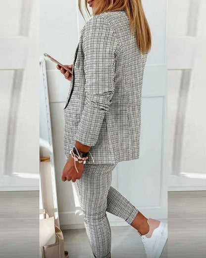 Women's plaid long-sleeve blazer suit with slim-fit drawstring pants