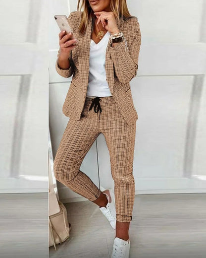 Women's plaid long-sleeve blazer suit with slim-fit drawstring pants – Khaki