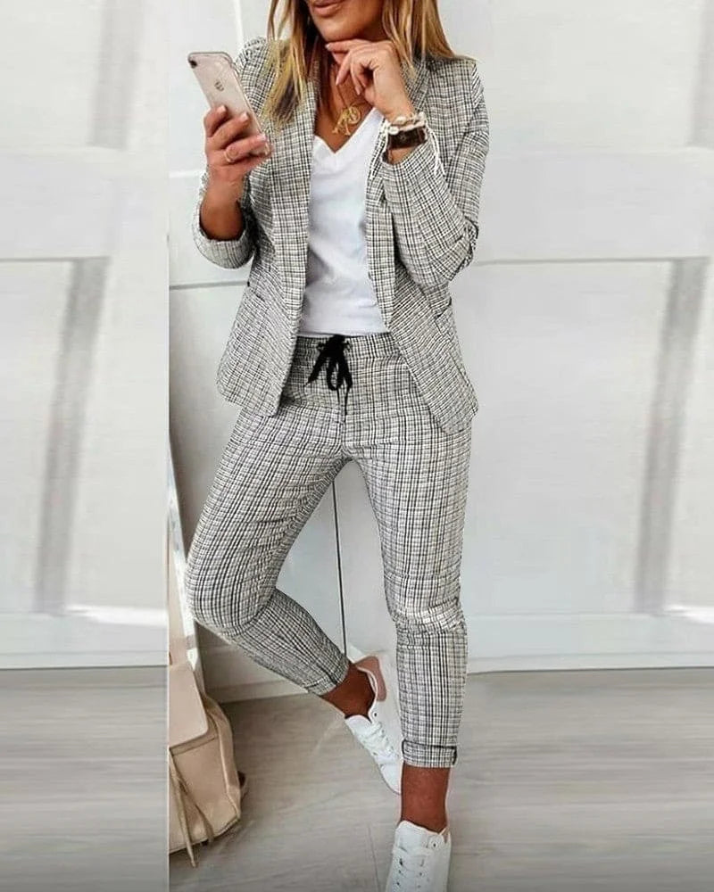 Women's plaid long-sleeve blazer suit with slim-fit drawstring pants – Light Grey