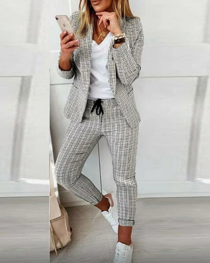 Women's plaid long-sleeve blazer suit with slim-fit drawstring pants – Light Grey