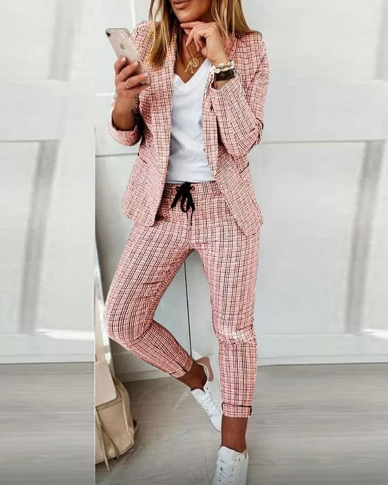 Women's plaid long-sleeve blazer suit with slim-fit drawstring pants – Pink