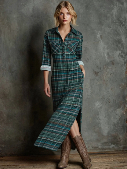 Women's plaid long-sleeve maxi dress with button-front and chest pockets