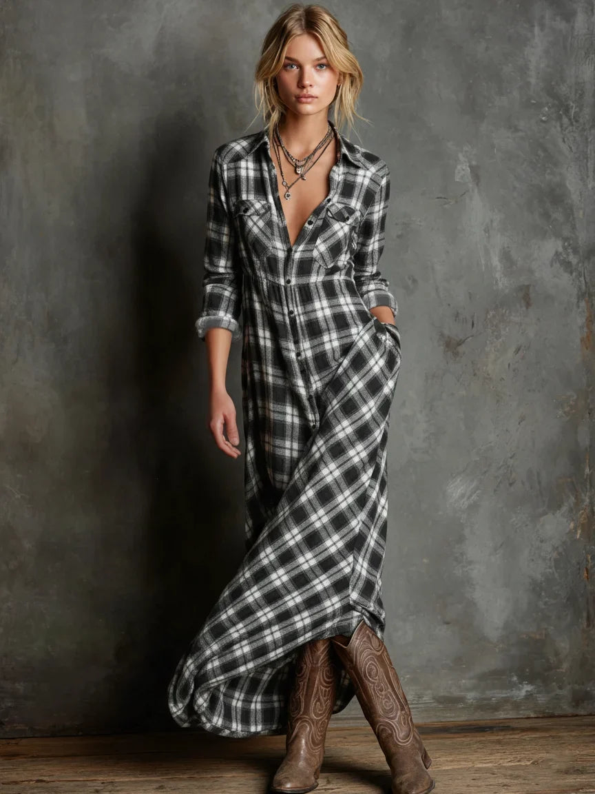 Women's plaid long-sleeve maxi dress with button-front and chest pockets – Black