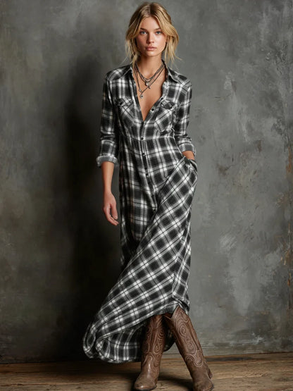 Women's plaid long-sleeve maxi dress with button-front and chest pockets – Black