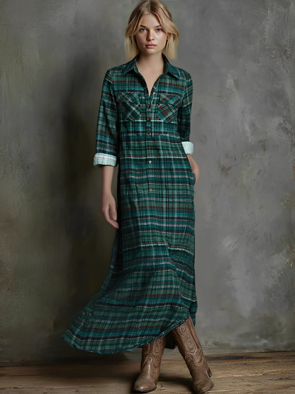 Women's plaid long-sleeve maxi dress with button-front and chest pockets – Green
